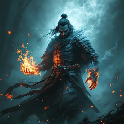 The primary subject of the image is a man dressed in a black and gold outfit, holding a flaming torch in his hands. The setting appears to be a dark, possibly mystical or fantasy-themed environment. The visual style of the image is digital art, with the man and his surroundings depicted in a detailed and intricate manner. The colors in the image are predominantly dark, with the flames of the torch providing a contrasting element of warmth and light. The overall atmosphere of the